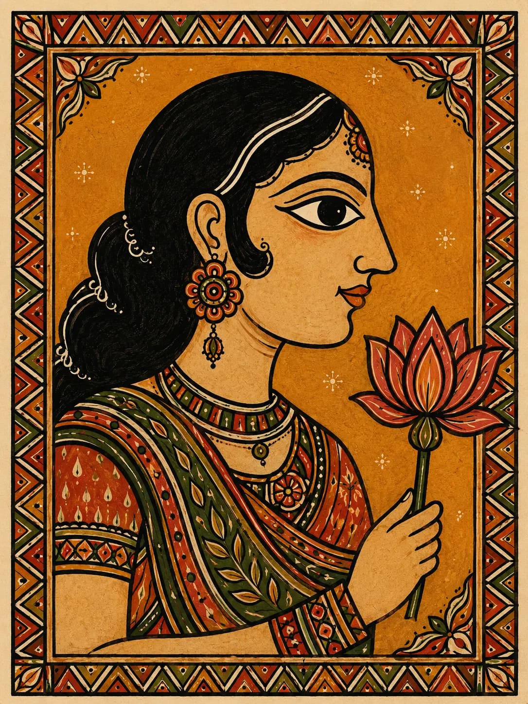 Madhubani painting of a woman holding a lotus