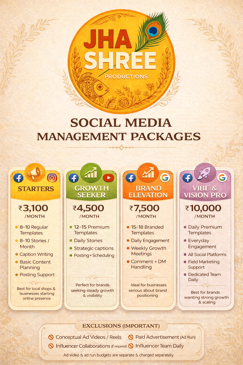 Jhashree Productions social media management packages poster